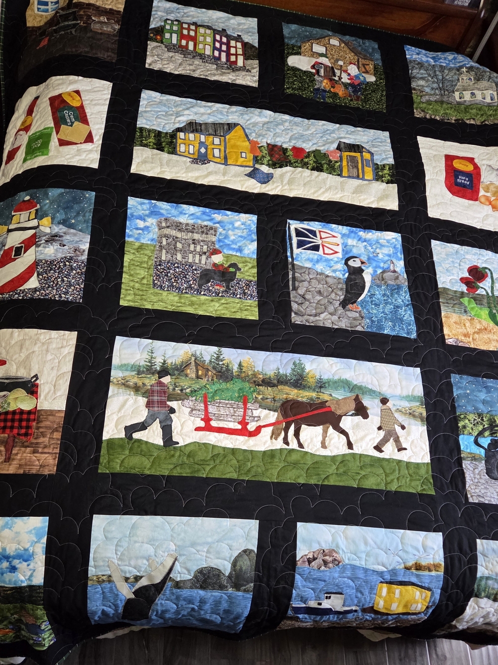 Handmade Patchwork Quilt Bedspread in Black with Multicolor Scenic Panels